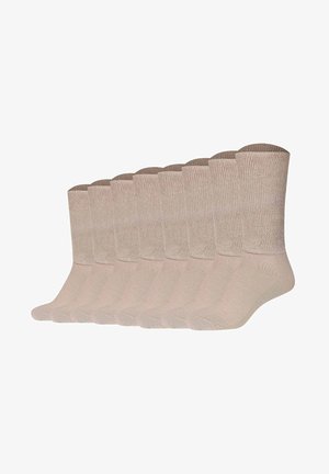 Neun Paare beige knöchellange Socken mit strukturiertem oberen Bündchen und glattem Fußbereich, in einer versetzten Reihe auf weißem Hintergrund angeordnet.
