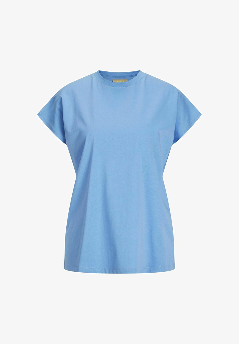 Maglietta blu a maniche corte realizzata in cotone morbido. Presenta un collo rotondo e una vestibilità rilassata con una superficie liscia e dettagli di cucitura minimi.