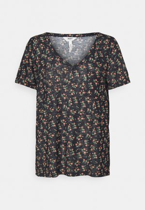 T-shirt noir à manches courtes avec col en V et petit motif floral rose et vert, présenté sur fond blanc uni.