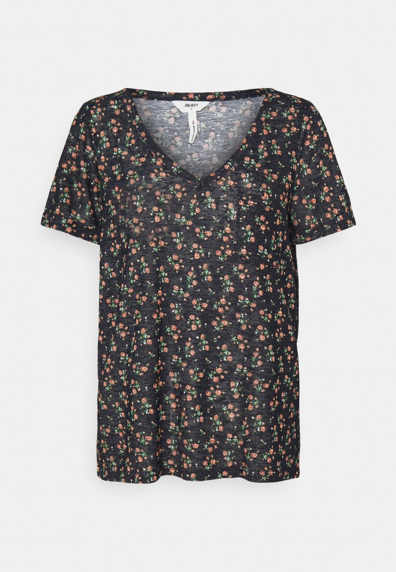 T-shirt noir à manches courtes avec col en V et petit motif floral rose et vert, présenté sur fond blanc uni.