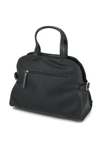 Borsa a mano in pelle nera con finitura texture, manici doppi e tasca con zip sul retro. Forma rettangolare compatta con dettagli in metallo argentato.