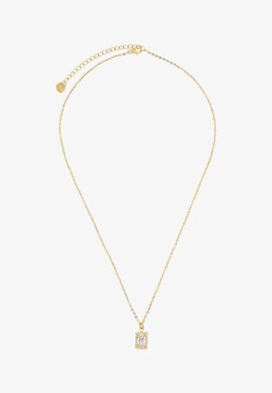 Guldhalskæde med en fin kæde, der har en rektangulær vedhæng udsmykket med klare sten omkring en central sten.