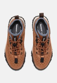 Scarpe da esterno marroni con tomaia in rete e materiale sintetico, dotate di lacci neri, dettagli perforati e suola in gomma testurizzata per una migliore aderenza.