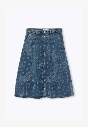 Jupe midi en denim avec boutons sur le devant, poches latérales et motif délavé paisley et floral sur tissu bleu foncé.