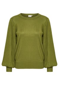 Maglione a maglia verde oliva con maniche lunghe a coste e scollo rotondo. Texture morbida e vestibilità comoda con dettagli arricciati ai polsi.