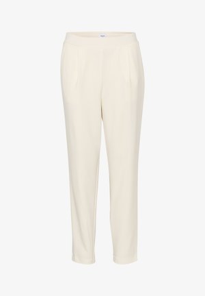 Crème-kleurige broek met een gladde textuur, voorzien van een hoge elastische tailleband, voorkruisen en taps toelopende benen.