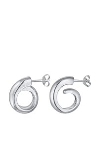 Silberne Creolen mit spiralförmigem Design, ausgestattet mit einer polierten Oberfläche und Steckverschluss. Das Material ist wahrscheinlich Sterlingsilber.