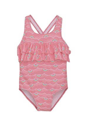 Roze eenstuk zwempak met een geplooide laag, voorzien van een golfpatroon en regenboogaccenten. Gemaakt van elastische stof, ontworpen voor comfort.