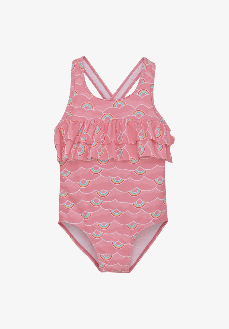 Roze eenstuk zwempak met een geplooide laag, voorzien van een golfpatroon en regenboogaccenten. Gemaakt van elastische stof, ontworpen voor comfort.