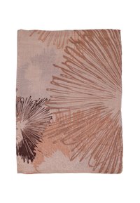 Sciarpa in tessuto texturizzato nei toni caldi del beige e del marrone, caratterizzata da motivi astratti a esplosione e una finitura liscia. I bordi sono rifiniti con cura.