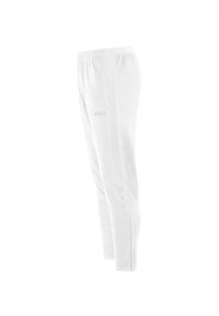 Weiße Sporthose mit elastischem Bund, seitlichen Mesh-Einsätzen und Druckknöpfen entlang des Unterschenkels. Mit "JAKO"-Logo auf der Vorderseite.