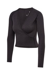 Schwarzes langärmliges Wickeloberteil mit tiefem V-Ausschnitt, gerippter Textur und abgesteppten Akzenten an den Ärmeln für zusätzliche Details.