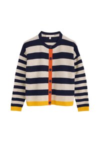 Pruhovaný cardigan v krémové, námořnické a žluté barvě. Má kulatý výstřih, oranžovou légu s knoflíky a žebrovaný lem. Měkká úpletová textura a akcenty s knoflíky.