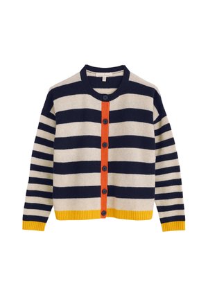Striped cardigan in cream, navy, and yellow. Features a round neck, orange button placket, and ribbed hem. Soft knit texture and button accents.