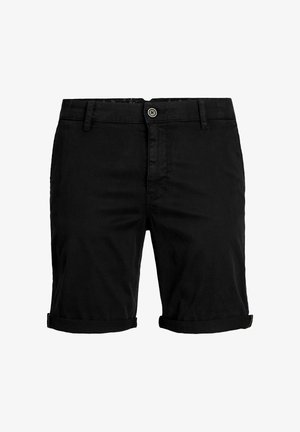 Črne bombažne kratke hlače s gumbom, zavitimi robovi in gladko teksturo. Opremljene so z diskretno vzorčeno notranjostjo pasu.