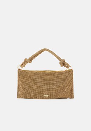 Gold mesh handbag with a textured finish, a knotted handle, and a zip closure. Features a subtle brand tag on the front.