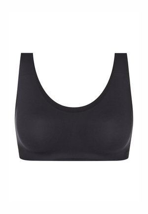 Zwarte naadloze draadloze sportbeha met ronde halslijn en brede schouderbanden, ontworpen voor comfort en ondersteuning.