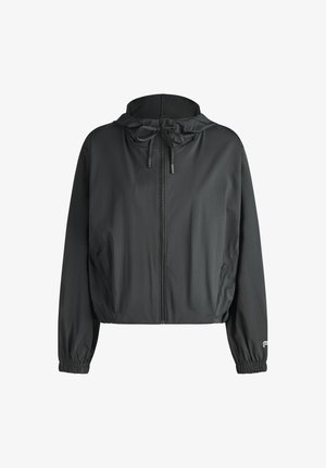 Schwarze leichte Kapuzenjacke mit Frontreißverschluss, Kordelzugkapuze, elastischen Bündchen und dezentem Logo am linken Ärmel.