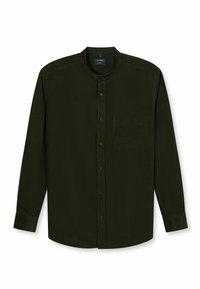 Langärmliges, dunkelgrünes Hemd aus Baumwolle mit rundem Halsausschnitt, Knopfverschluss und einer Brusttasche. Einfarbige Textur ohne Muster.