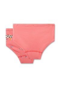 Zwei Paare Damen-Unterhosen aus koralfarbenem Stoff. Eine hat ein einfarbiges Design; die andere ist mit einem Muster aus Punkten und bunten Akzenten versehen.