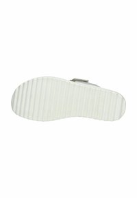 Sole di scarpa bianca con una texture rigata, caratterizzata da un design piatto e una leggera elevazione della punta. Nessun marchio o motivo visibile.