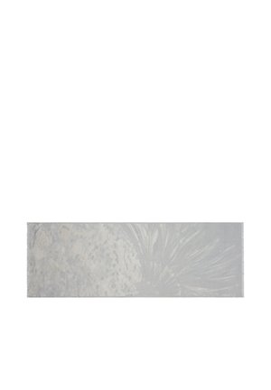 Long tapis rectangulaire gris clair avec un motif floral abstrait subtil et des bords à franges sur fond blanc.