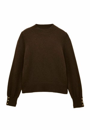 Dark brown knitted sweater with a ribbed round neckline, long sleeves, and button accents at the cuffs. Soft texture and cropped fit.