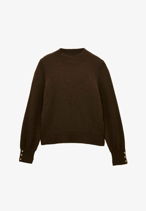 Dark brown knitted sweater with a ribbed round neckline, long sleeves, and button accents at the cuffs. Soft texture and cropped fit.