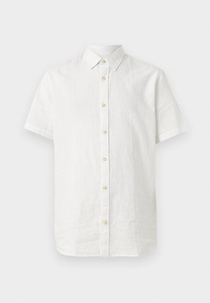 Weißes Kurzarm-Button-up-Hemd mit spitzem Kragen und sieben cremefarbenen Knöpfen vorne.