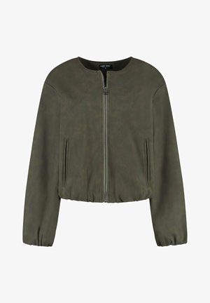 Olijfgroene neplederen bomberjack met een ronde hals, volledige ritssluiting aan de voorkant en elastische manchetten en onderkant. Voorzien van twee zijzakken.