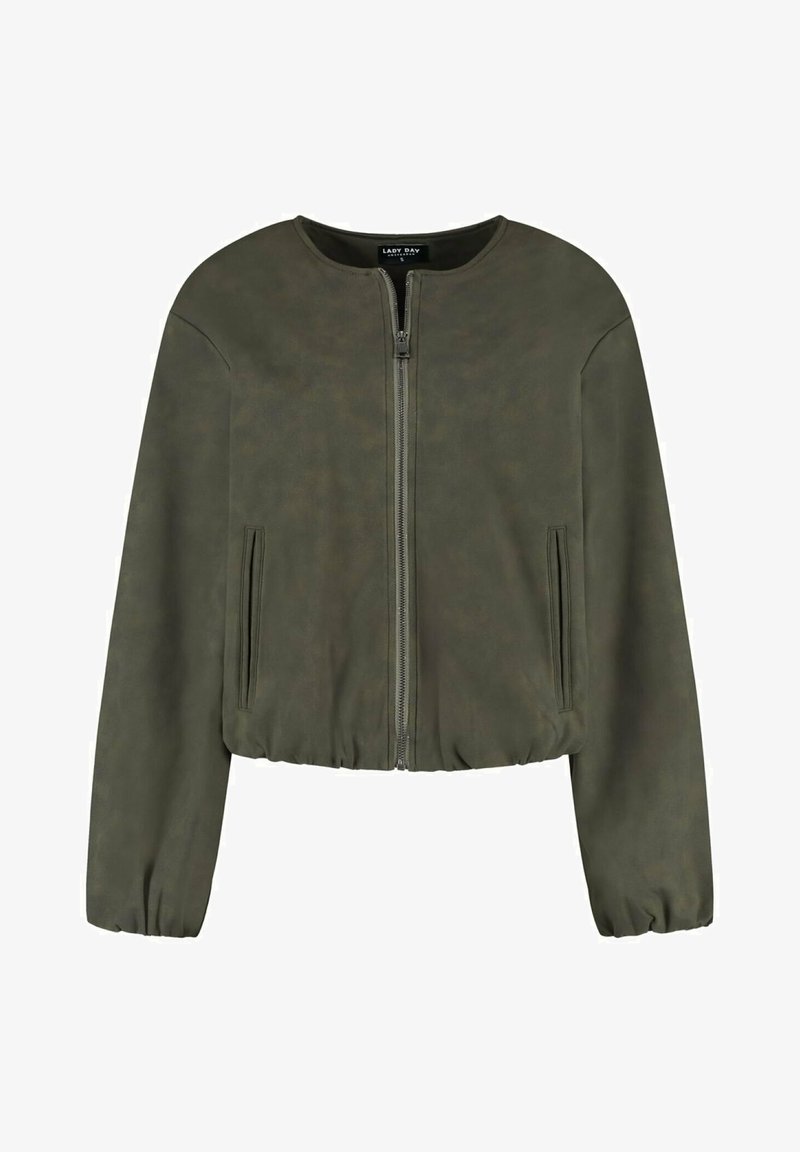 Olijfgroene neplederen bomberjack met een ronde hals, volledige ritssluiting aan de voorkant en elastische manchetten en onderkant. Voorzien van twee zijzakken.
