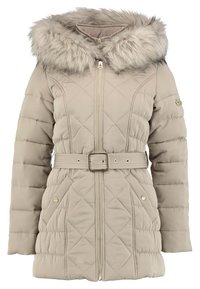 Béžová prošívaná bunda s kapucí lemovanou kožešinou, zapínáním na zip, designem s diamantovým prošitím a stahovacím páskem v pase pro zvýraznění postavy.
