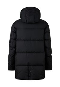 Schwarze Daunenjacke mit Kapuze, ausgestattet mit horizontalen Steppnähten, matter Oberfläche und Druckknopfverschluss am Saum. Besticktes Logo auf der Kapuze.