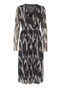Vestito lungo a maniche lunghe nero e beige con scollatura a V, caratterizzato da un motivo astratto a foglia e una vita elastica, realizzato in tessuto leggero e semi-trasparente.