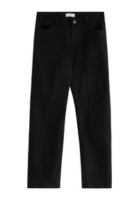 Pantaloni in denim nere con design a gamba dritta, cinque tasche, chiusura a bottone e una texture di tessuto liscia. Nessun motivo o accento visibile.