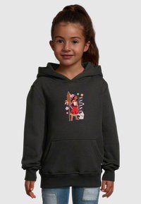 Felpa con cappuccio grigia scura caratterizzata da un design stampato di una ragazza, una tavola da surf e un gatto, con accenti floreali colorati. Tessuto misto cotone, tasca a marsupio.