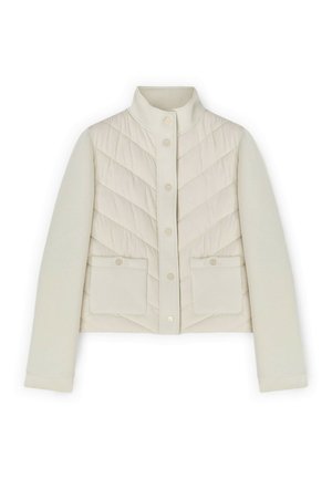 Světlá béžová prošívaná bunda s dlouhými rukávy, stojáčkovým límcem, předními patentními knoflíky a dvěma předními kapsami s klopou a knoflíky.