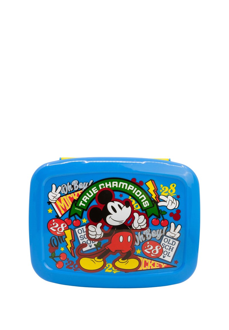 Lunch box rettangolare blu in plastica con design di Topolino. Presenta grafiche colorate, ciliegie e il testo "VERI CAMPIONI" con vari motivi.