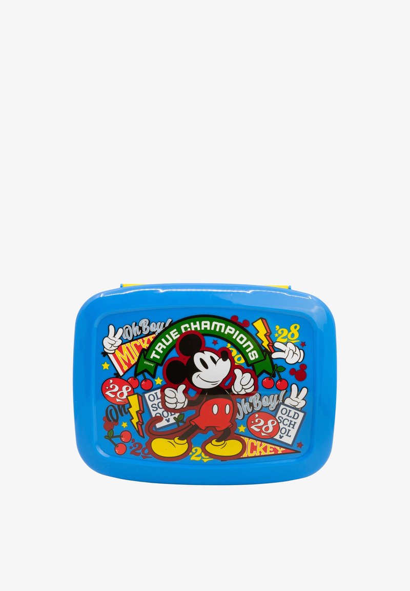 Blaues rechteckiges Kunststoff-Mäppchen mit Mickey-Maus-Design. Mit bunten Grafiken, Kirschen und dem Text "WAHRE CHAMPIONS" sowie verschiedenen Mustern.