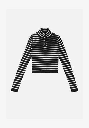 Black and white striped cropped sweater with a high collar and three button placket. Features long sleeves and ribbed texture.