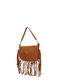 Bruine suède handtas met franjes, ronde vorm en een schouderriem. Bevat decoratieve veters langs de rand. Ritssluiting.