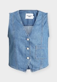 Jeans brezrokavnik svetlo modre barve z v-izrezom, petimi okroglimi gumbi in sprednjim žepom. Ima tonirano šivanje in nima rokavov.