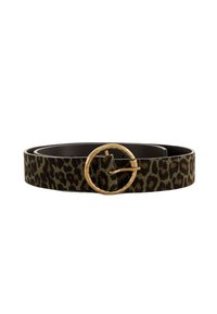 Cinturón de Print de Leopardo hecho de un tejido texturizado con una combinación de colores marrón y verde. Presenta una hebilla redonda en tono dorado para el cierre.