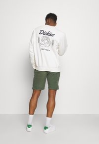 Sweatshirt blanc avec un graphisme au dos représentant un lion et le texte "Dickies Fort Worth", associé à un short vert et des chaussures blanches.