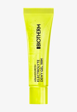 Heldergele Biotherm Aquasource+ Electrolyte Dewy Gel 100H tube met zichtbare gelbellen tegen een witte achtergrond.