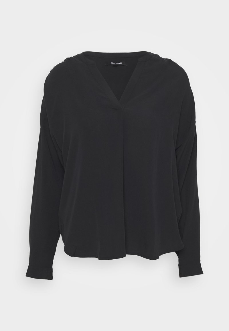 Blusa nera a maniche lunghe realizzata in tessuto leggero. Presenta una scollatura a V e una vestibilità comoda con dettagli arricciati sulle spalle.