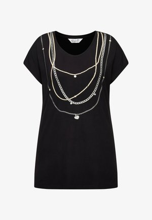 Mustat lyhyet hihaiset t-paidat, joissa on kerroksellinen ketjuasu metallinhohtoisessa hopeassa ja kultaisessa sävyssä edellä. Pehmeä kangas, rento istuvuus.