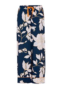 Bloemrijke wijde broek in marineblauwe stof met lichte bloemenpatronen en een oranje trekkoord bij de taille. Gladde textuur, losse pasvorm.