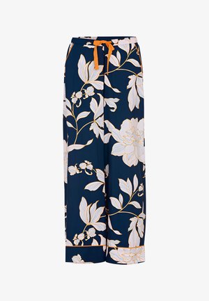 Kwiatowe spodnie w kant w kolorze granatowym, wykonane z materiału z delikatnym florystycznym wzorem oraz pomarańczowym sznurkiem w talii. Gładka tekstura, luźny krój.