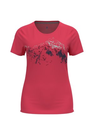 T-shirt de sport rouge à manches courtes pour femme avec un motif de montagne noir et gris sur la poitrine et un col rond.
